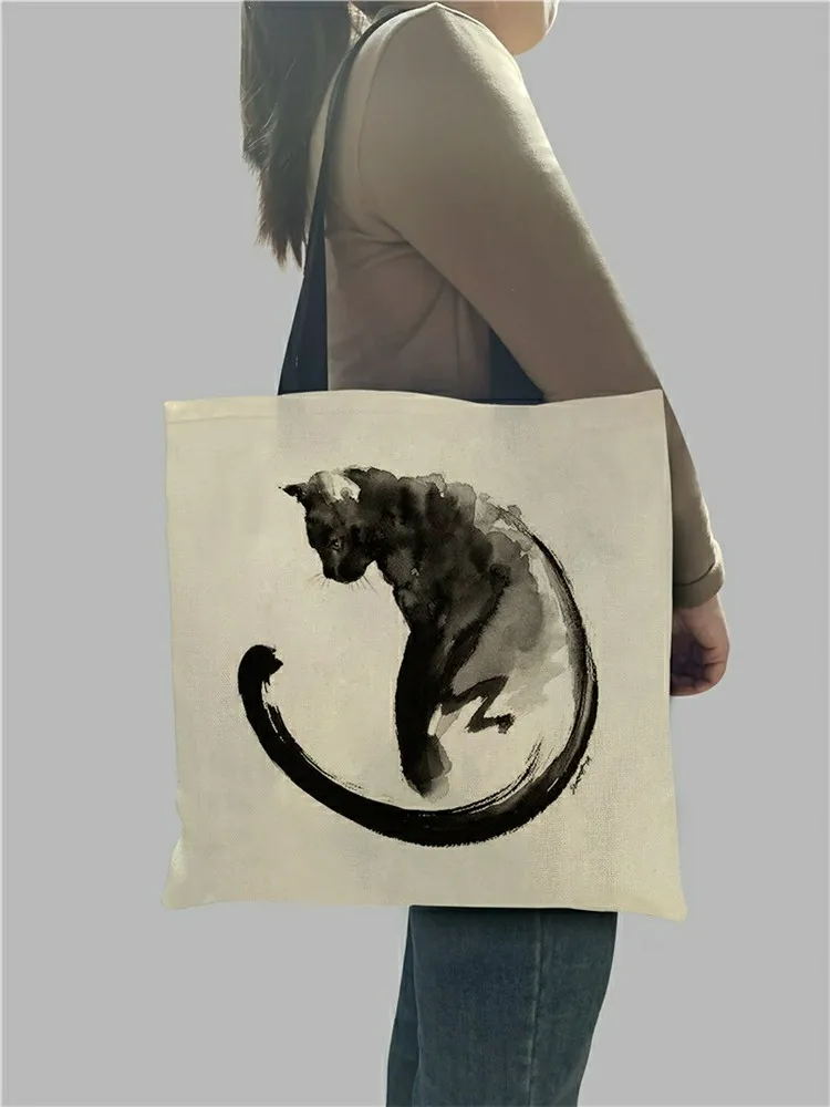 New Lady Designer Tote Bags Sumi Black Cat Printed Linen Fabric Eco Handbag Shopping Office Reusable Casual Shoulder Bag