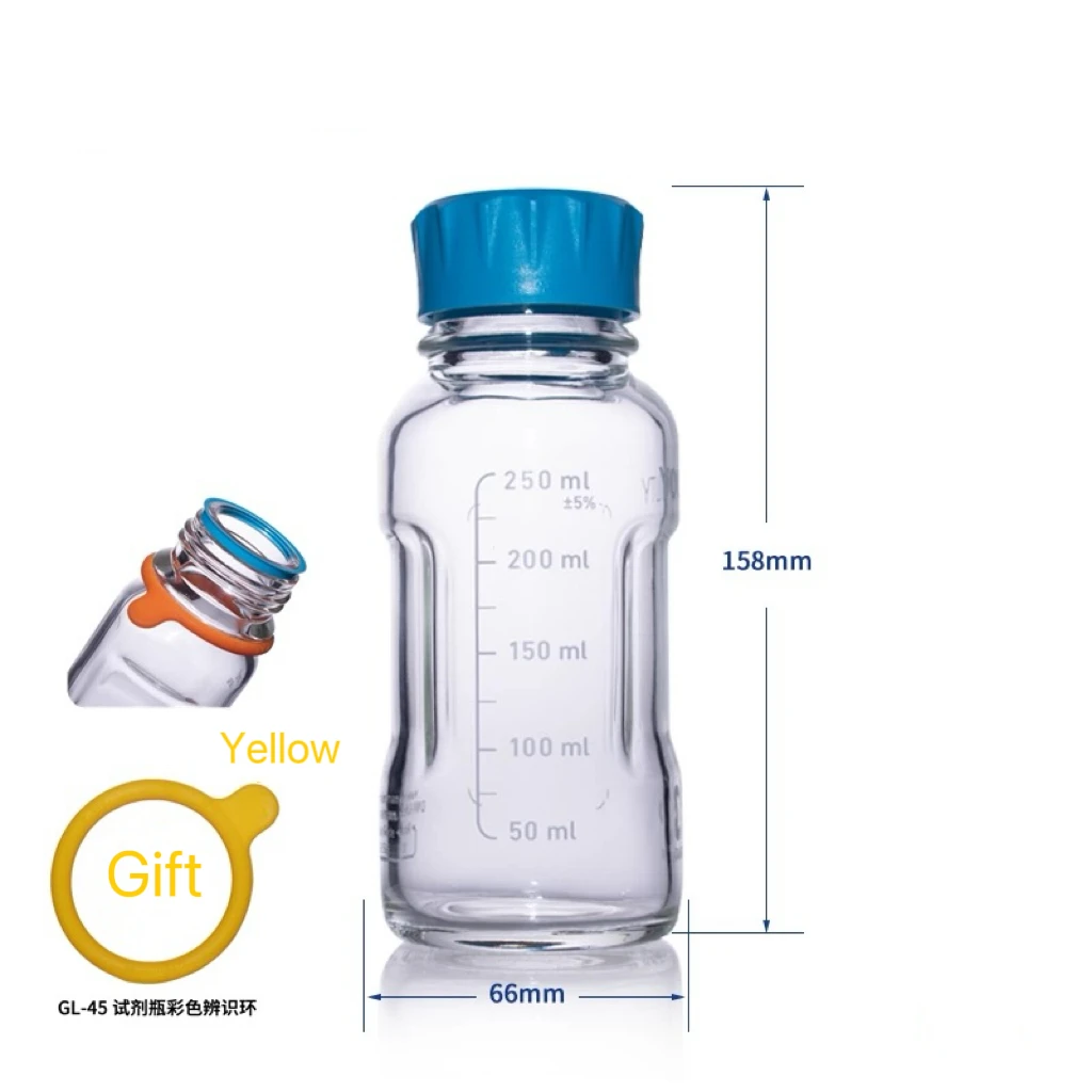 250 مللي ألمانيا شوت يوتي كاشف زجاجة مختبر غطاء أزرق كاشف زجاجة ، حلقة كشف الألوان مع ألوان اختيارية