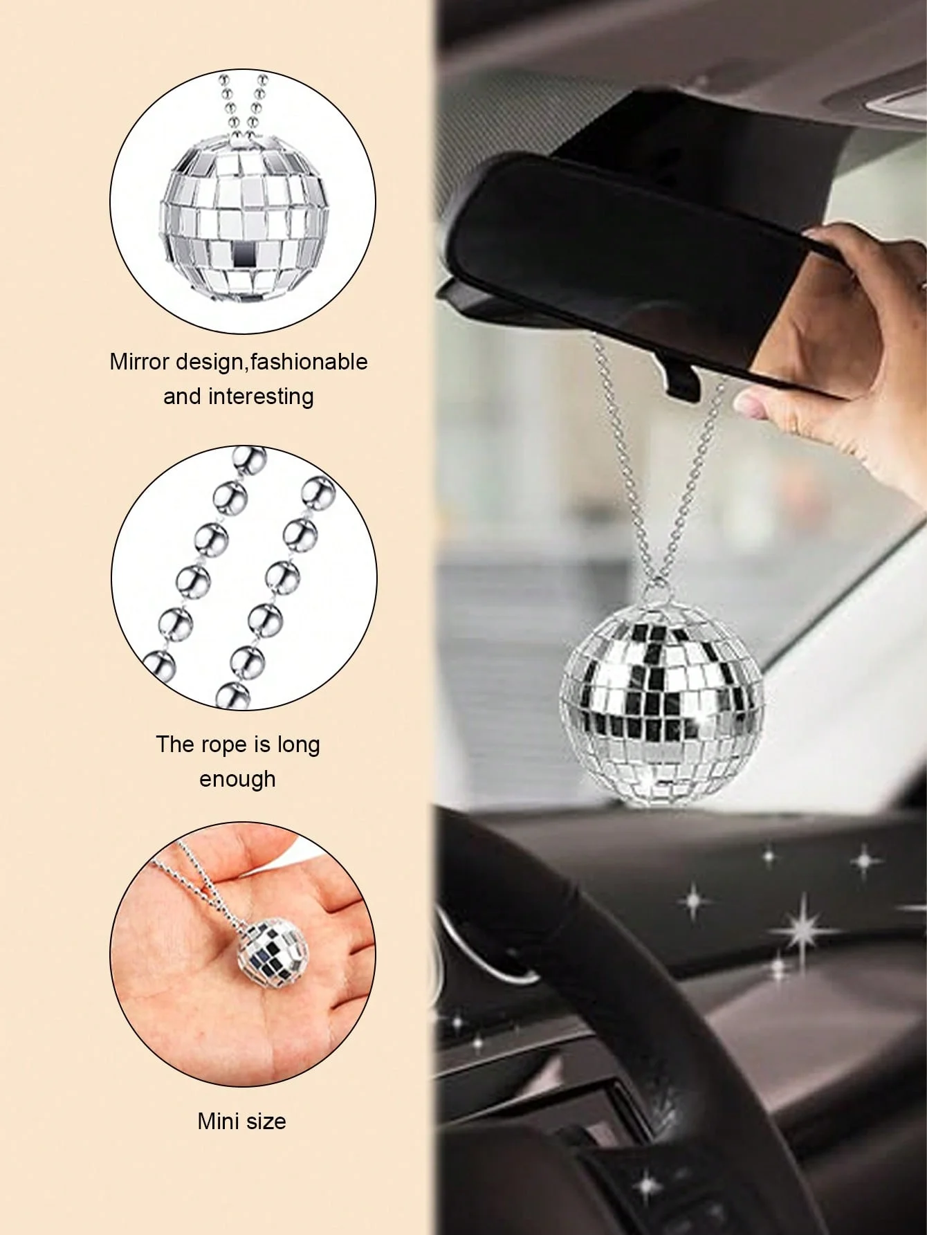 زخرفة كرة ديسكو لمرآة السيارة، كرة مرآة عاكسة لامعة، سلسلة معدنية، ديكور داخلي للسيارة معلق متألق، 360 درجة °   ضوء Refl