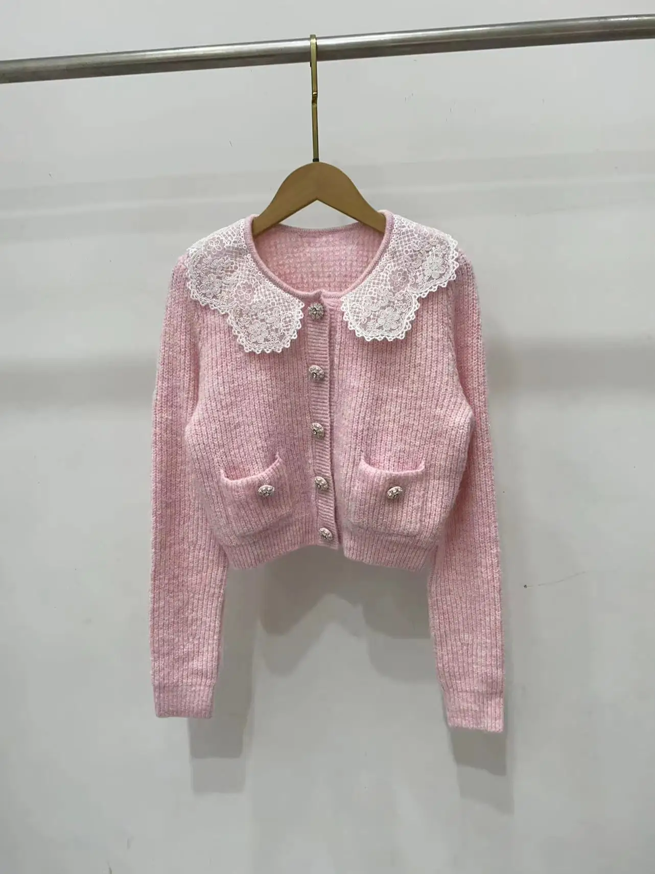 Autumn Winter Women Pink Knitted Set Lace Spliced O-Neck Long Sleeve Cardigan or Rhinestone Buttons High Waist Mini Skirt