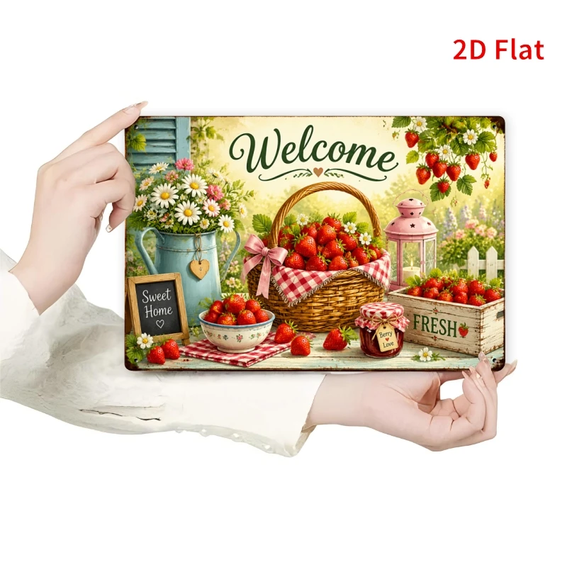 2D Flat, Decorative Sign 2D Flat - [2Dflat], 1pc 11.81X7.87inch- Welcome Sweet Home Strawberry Sign, Farmhouse Decorative Signs,