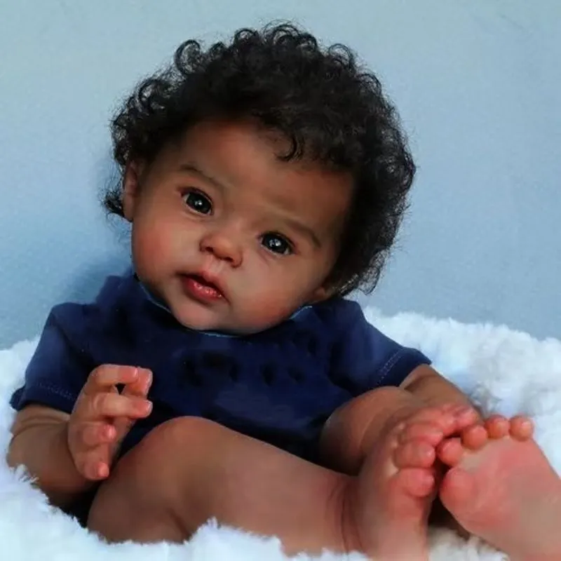 

20-inch realistic reborn baby doll with black skin, big eyes and curly hair, festival gift