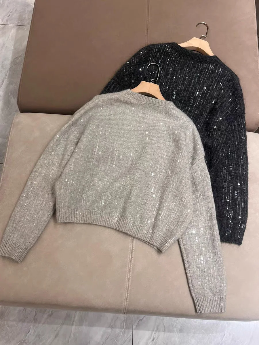 Women Sequin Decoration Sweater Long Sleeve O-Neck Loose Autumn Winter Knitted Pullover