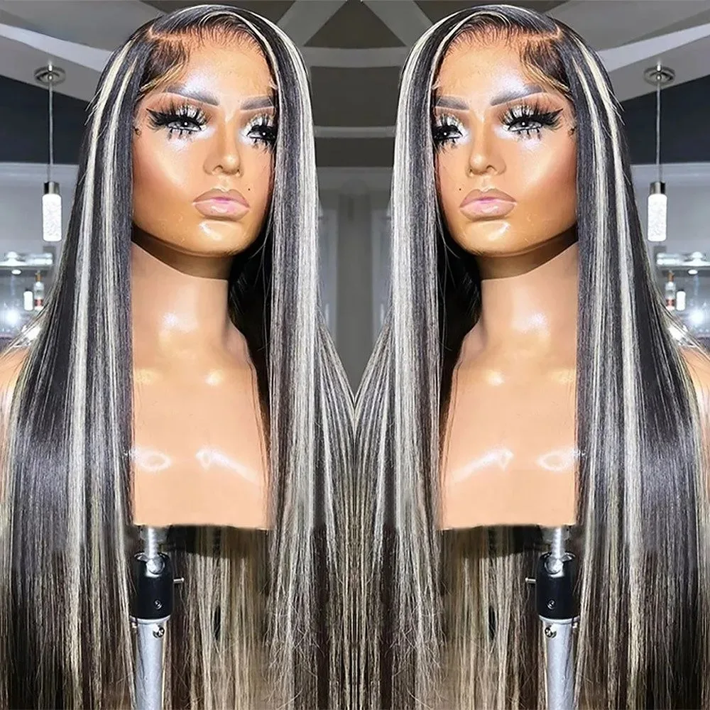 

Black Highlight Grey Silk Straight Wigs 13x4 HD Pre-Plucked Glueless Synthetic And Blend Clearance Heat Resistant Cosplay