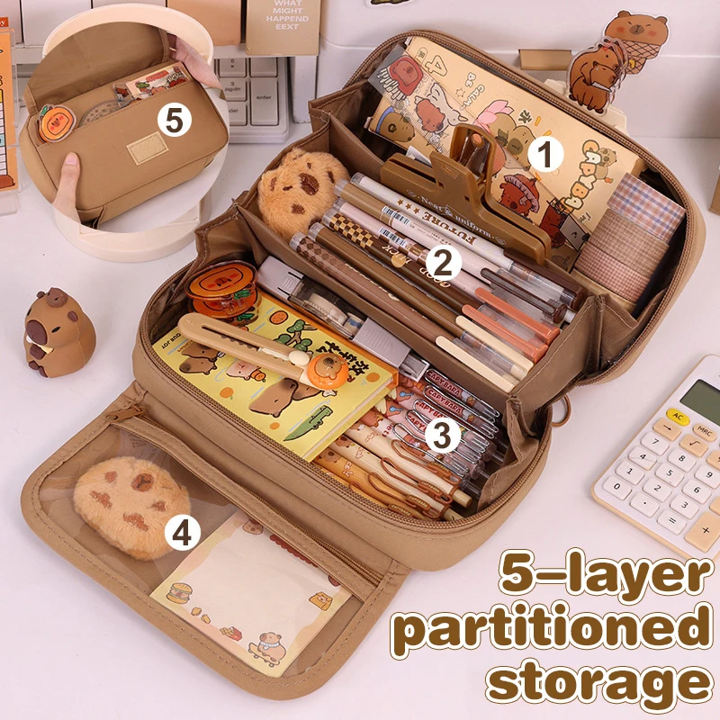 Large Capacity Multi-layers Pen Bag Cute Cartoon Capybara Pencil Case Zipper Stationery Organizer Multifunctional Pencil Case