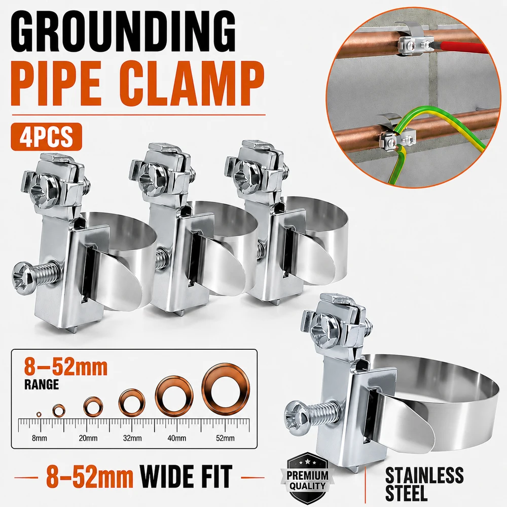 4PCS Grounding Pipe Clamp 8 52mm Stainless Steel Ground Wire Bonding Clamp For Metal Pipes Outdoor Electrical Earthing Clamp