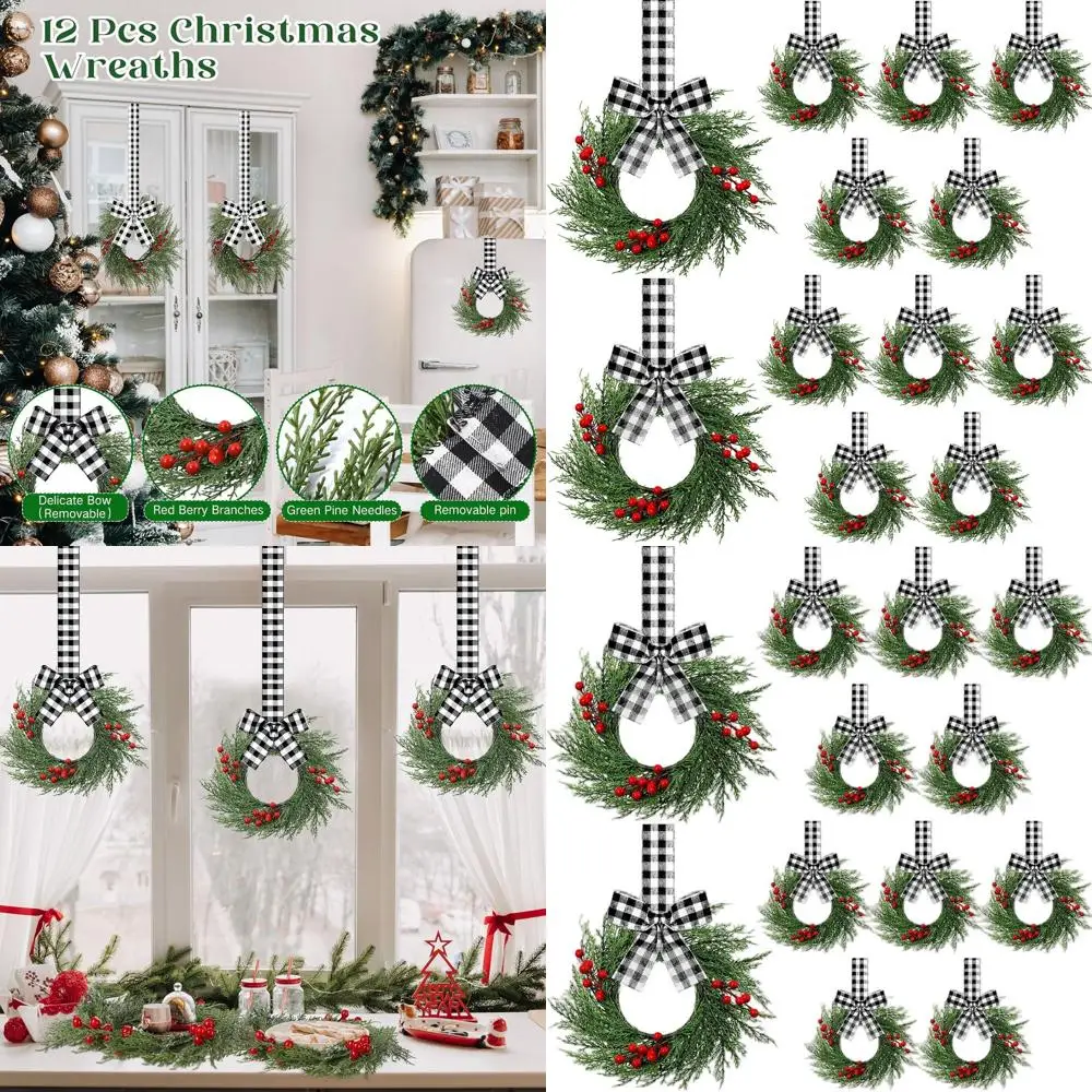 

Набор из 12 рождественских венков Mini 9. с черно-белыми клетчатыми лентами для кухонных шкафов, входной двери, крыльца, стены или окна.