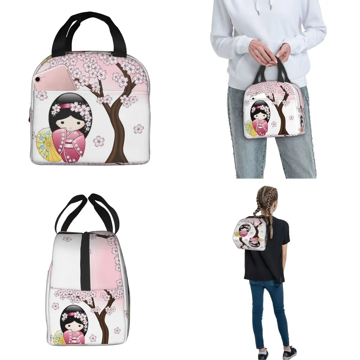 Japanese Spring Kokeshi Doll Insulated Lunch Bag Portable Meal Container Cooler Bag Lunch Box Tote Work Outdoor Food Handbags