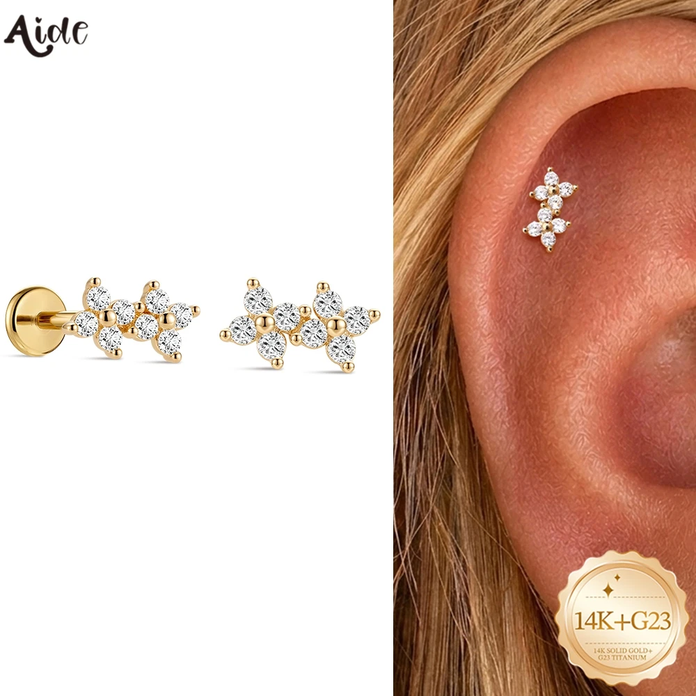 Aide 100% 14K Solid Gold G23 Titanium Floral Cluster Round CZ Flat Back Labret Earrings Sparkling Flower Piercing Ear Bone Studs