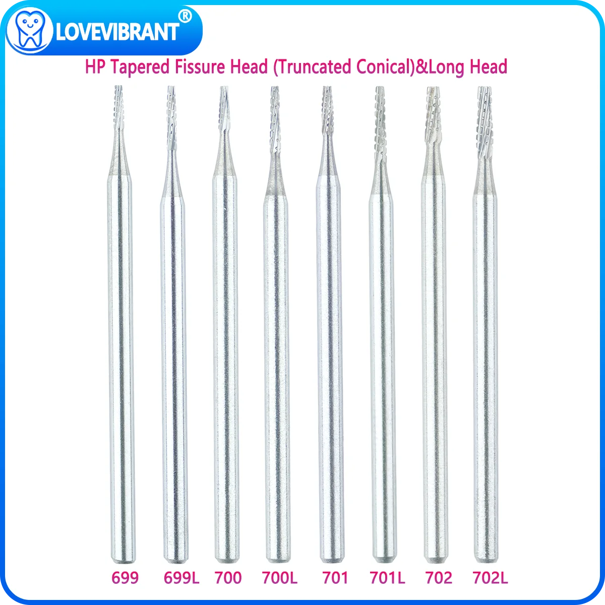 

6Pcs/Box Dental Tungsten Carbide Burs Tapered Fissure Cross Cut Head HP Series 2.35mm For Low Speed Straight Nose Cone Handpiece