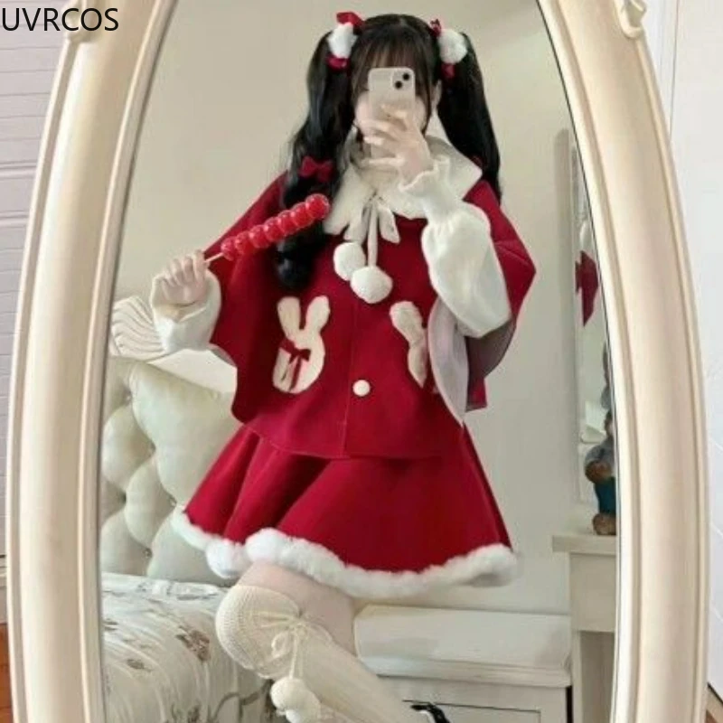 2024 New Sweet Christmas Red Elegant Skirt Set Woman Kawaii Bow Wool Cape Coat Y2k Mini Skirts Female Korean New Year Cute Suit