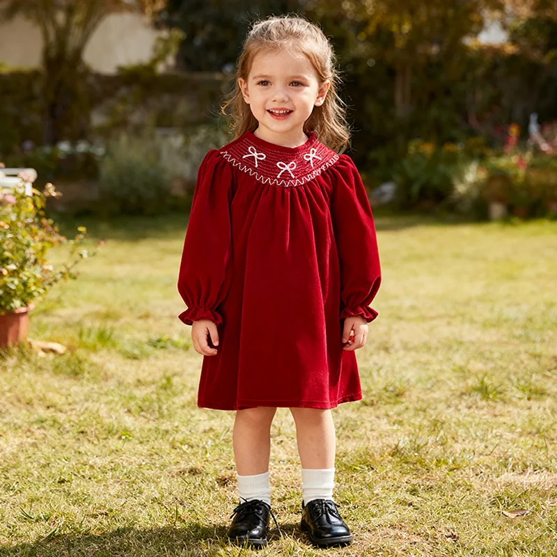 

Girls' Dress Spring and Autumn Long Sleeve Ruffled Bow Collar Christmas Red Baby Girl Princess Dress Children's Clothing