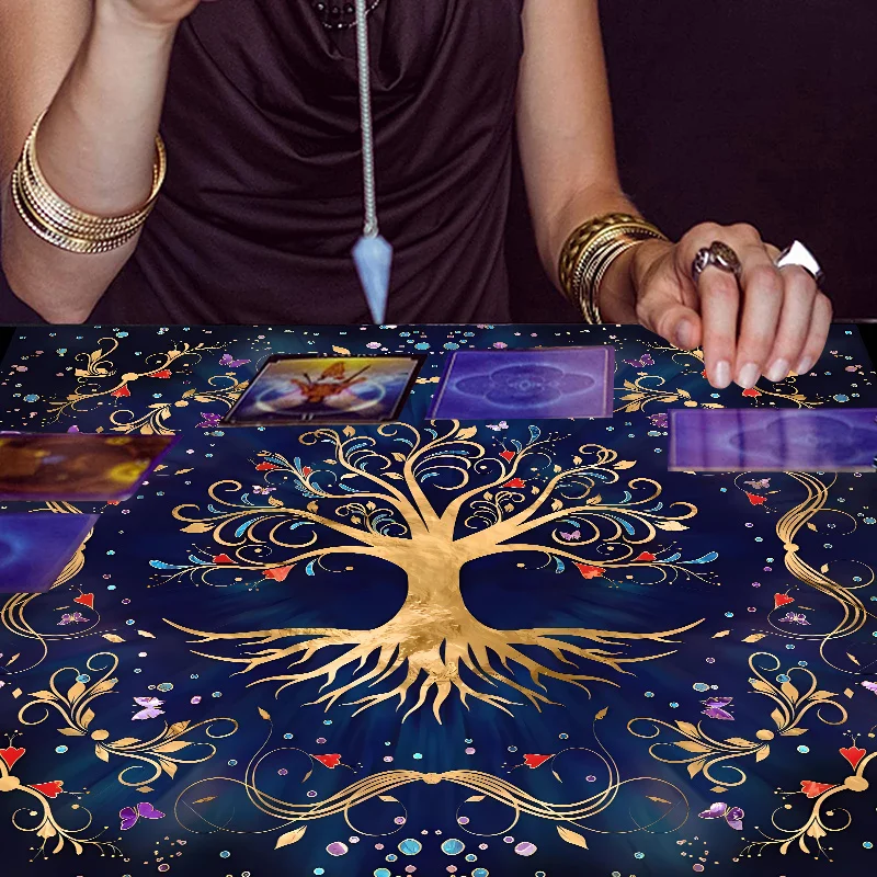 A Tree of Life Tarot Altar Cloth - Pagan Witchcraft Astrology Oracle Board Mat, Decorated with Tree of Life and Root Chakra Patterns, Machine-Made, Suitable for Home Altars, Meditation Spaces, and Witchcraft Rituals