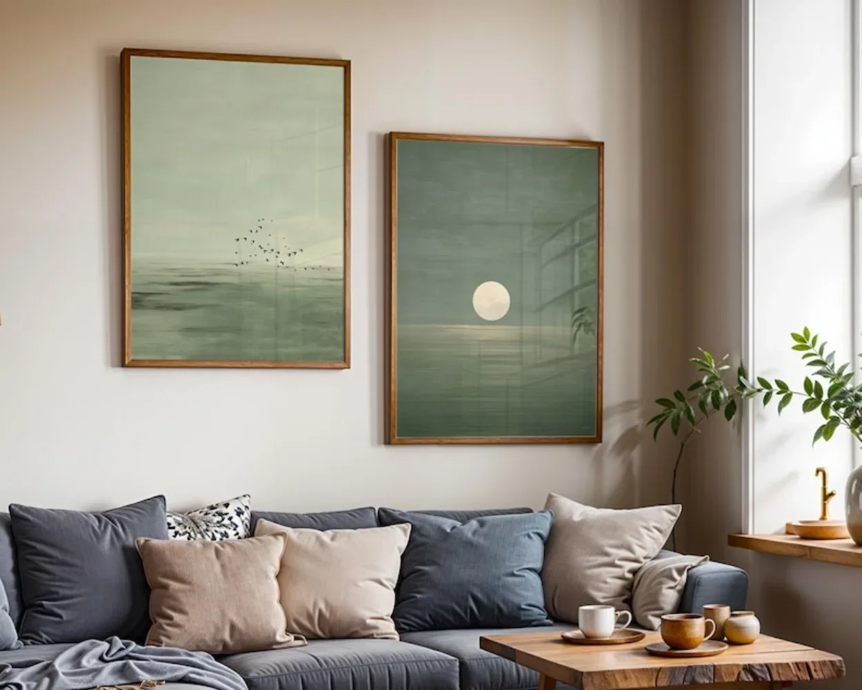 2pcs frameless Canvas Painting A Two-piece Japanese-style Wall Decoration Set Featuring A Minimalist Sunset Bohemian Print and S