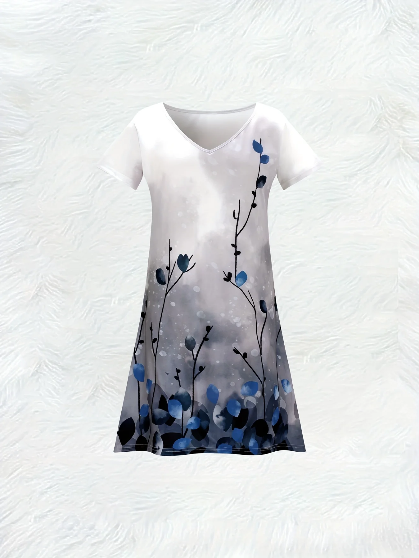 Neck Short Sleeve Floral Dress Blue - Image 3