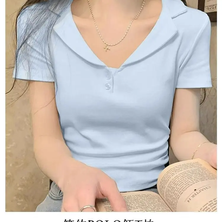 

Solid color polo shirt short-sleeved T-shirt 2025 new women's v-neck top slim waist pullover