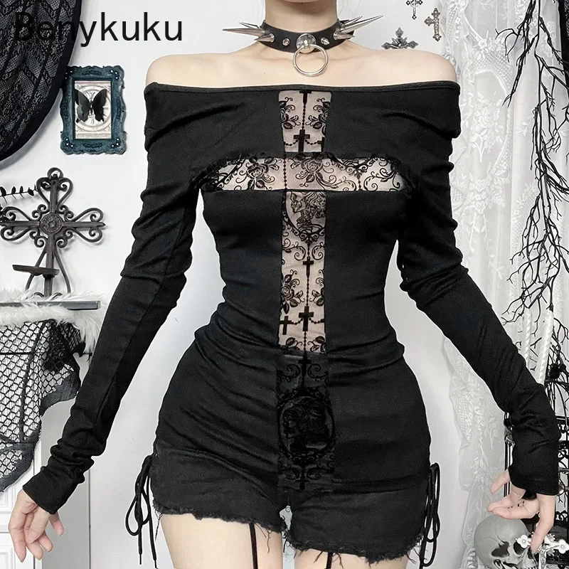 Sexy Lace Patchwork Cross Long Sleeve Pulloves T-shirts Cyber Y2K Women Streetwear Mall Gothic Clothes Slim Tops Alt T-shirt