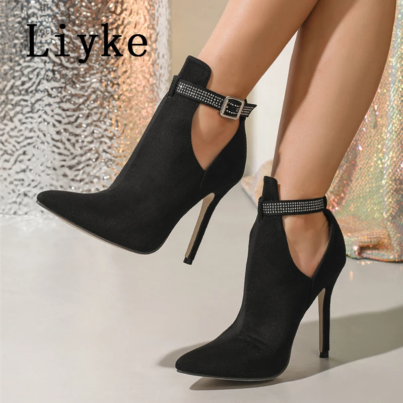

Liyke 2026 New Fashion Crystal Rhinestone Buckle Strap Women Ankle Boots Sexy Pointed Toe Party Stripper Heels Ladies Shoe Pumps