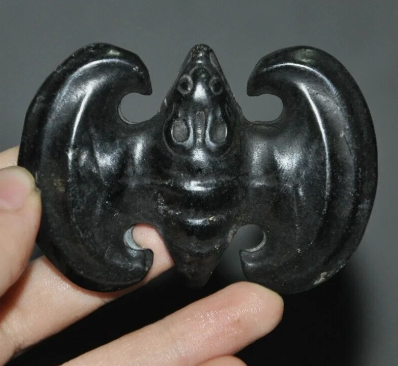 2.8'' Chinese Meteorite iron fengshui wealth bat Jade Bi Talisman pendant statue