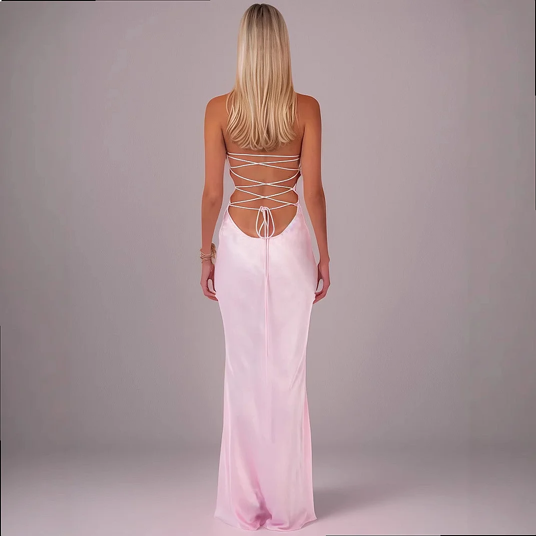 Sexy Sequin Satin Backless Bodycon Dress Summer Long Evening Dresses Matching Sets
