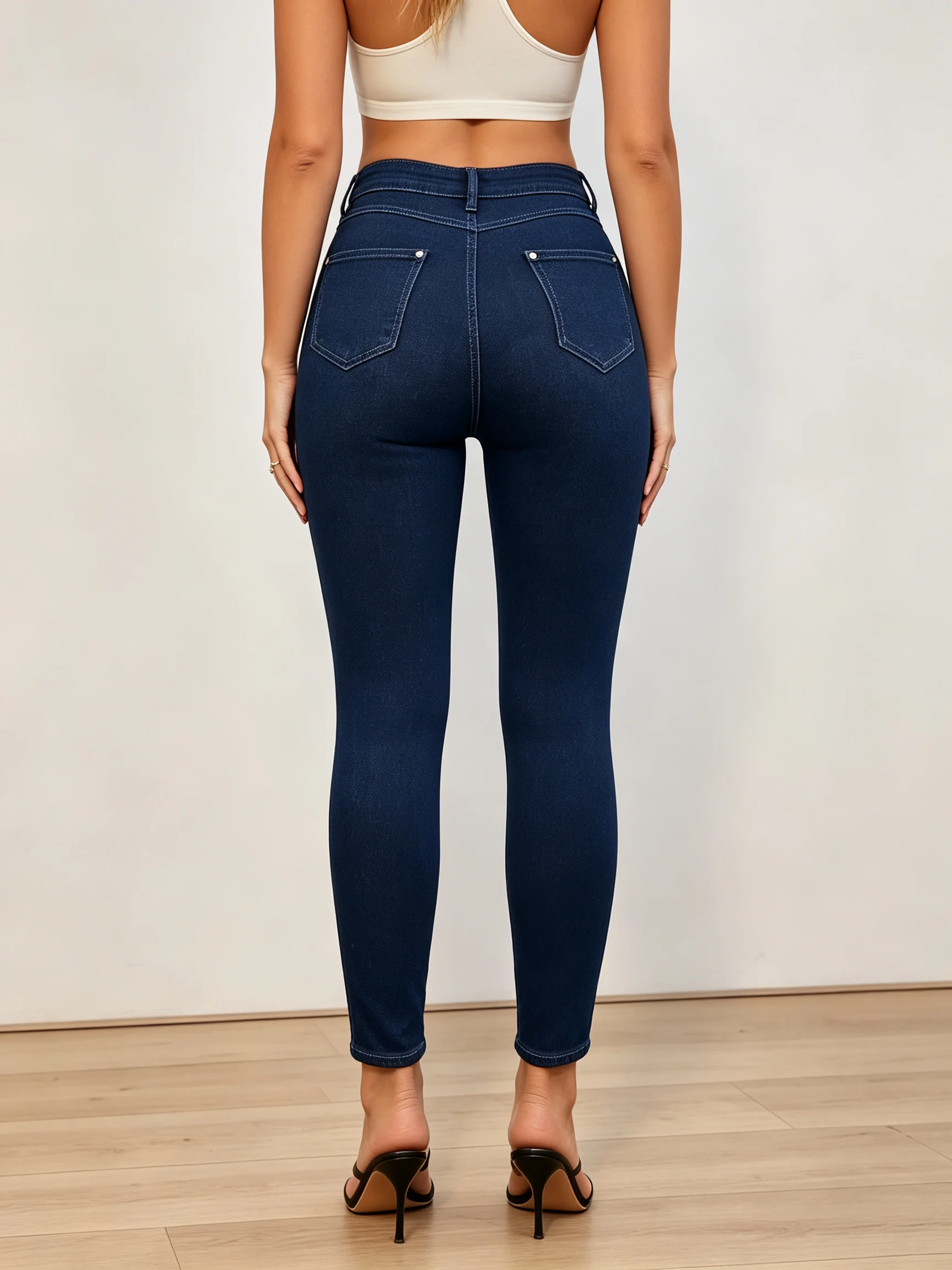 Women's solid color high waist stretch jeans, skinny jeans.