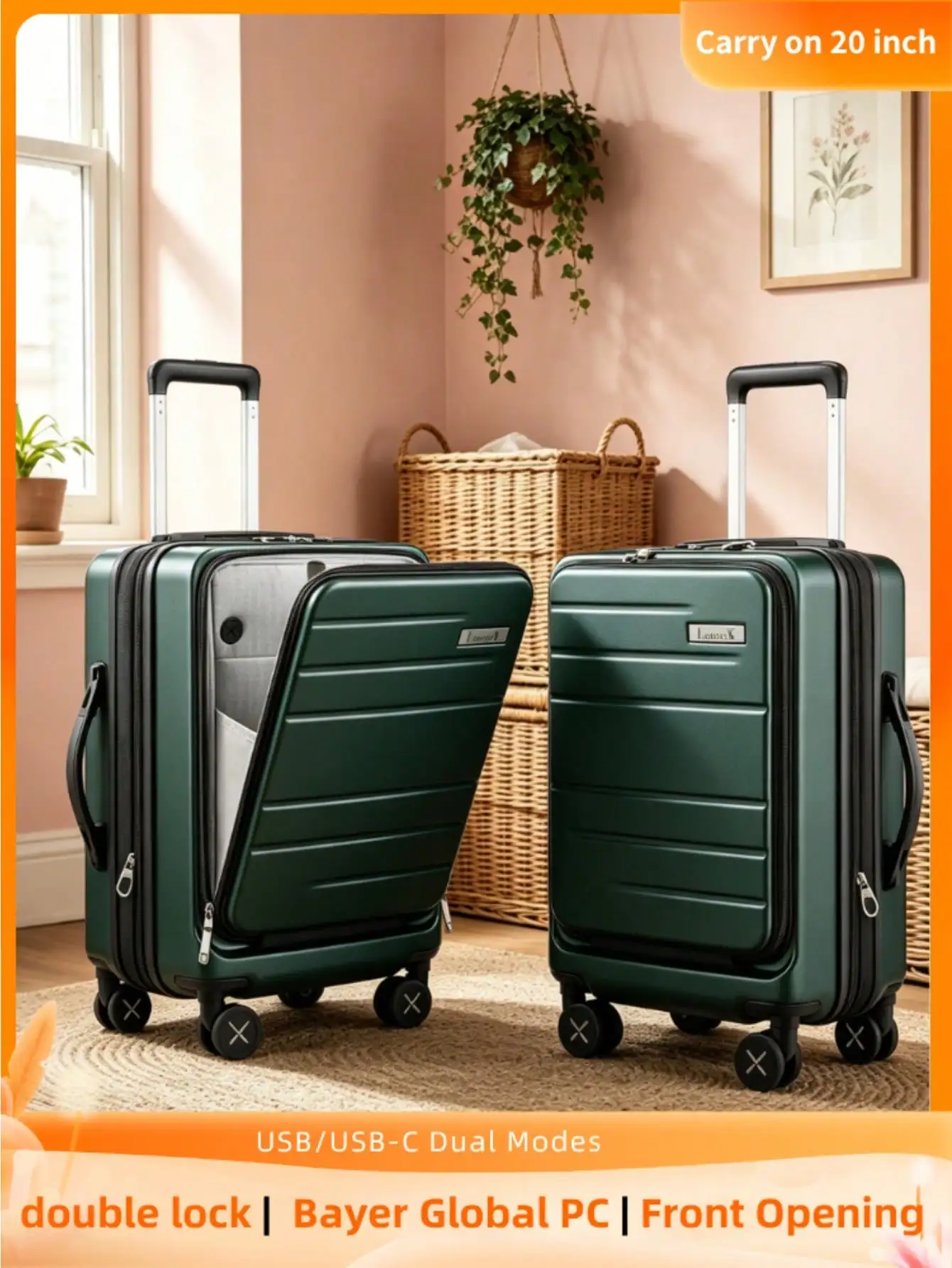 Expandable Carry On Luggage 20 Inch Front Opening, Airline Approved Polycarbonate Hard Shell Suitcase For Women Men, Lightweight For Vacation
