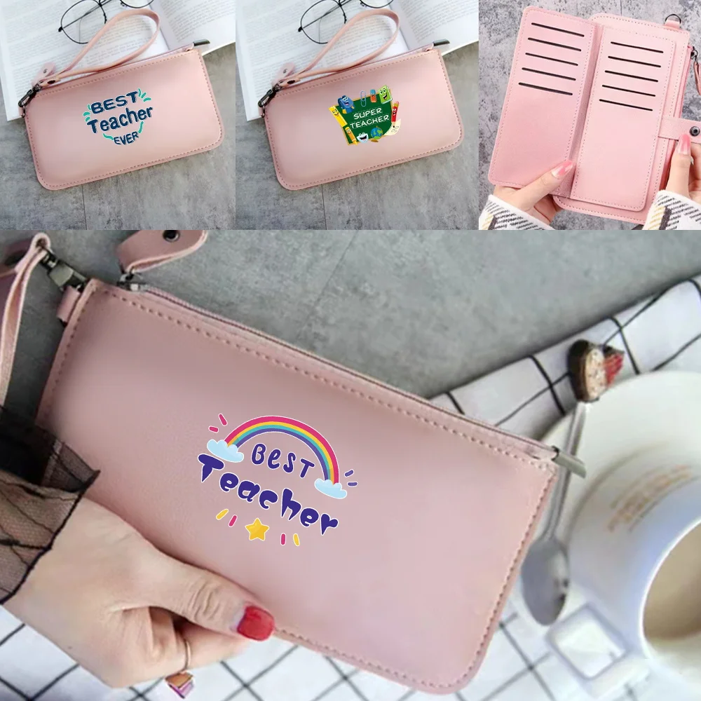 PU Leather Women Wallets Long Hasp Teacher Pattern Coin Purses Travel Portable ID Card Credit Storage Pack Pink Clutch Phone Bag