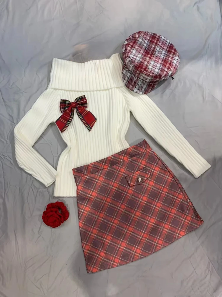 Korean Sweet New 2 Piece Set Women Y2k Bow Slash Neck Knitted Sweater + Vintage Plaid Mini Skirt Autumn Elegant  Fashion Outfits