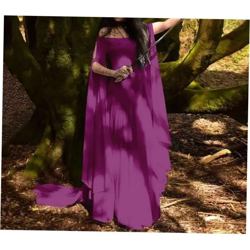 ชุดเดรสยาวทรงเอวสูงสไตล์วินเทจสำหรับผู้หญิง ผ้าโพลีเอสเตอร์ แขนยาว ทรงกลม แบบเรียบง่าย