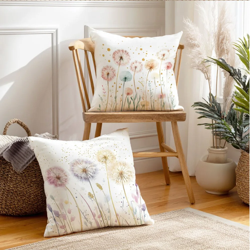 1PC 2D Flat Watercolor Dandelion Floral Throw Pillow Covers Boho Wildflower Cushion Cases for Home Sofa Bedroom Decor