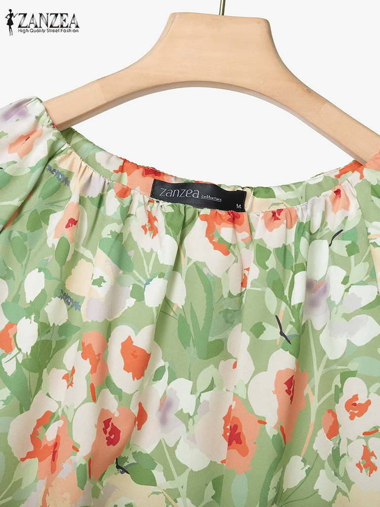 Set Pendek 2 Potong Wanita ZANZEA Blus Bunga Kerah O Lengan Setengah dan Celana Pendek Pinggang Elastis Warna Polos Pakaian Musim Panas Kasual