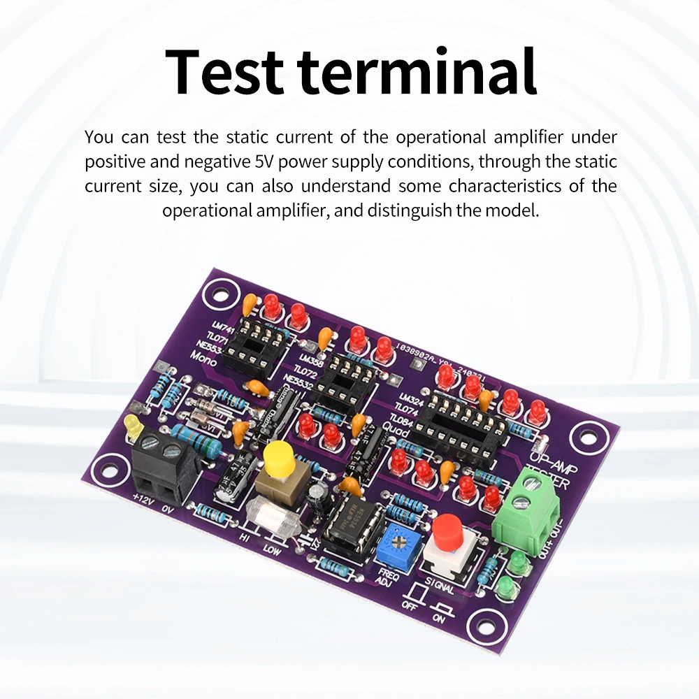 Tester amplificatore operazionale OPAMP DC 12V T2 con indicatore LED per modulo di test amplificatore operazionale singolo doppio quad