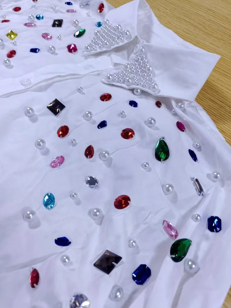 

Real Photo Pearls Beads Colorful Stones Stitch Cotton White Shirts Blouses Women 2025 Summer Short Sleeve Top Woman Clothes