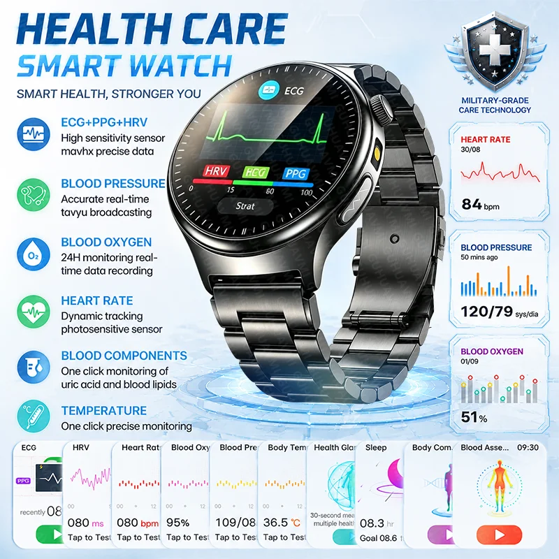 2026 New Original Health Care Men Smart Watch ECG Uric Acid Blood Fat BP SpO2 Heart Rate Temp Women BT Call AMOLED HD Smartwatch