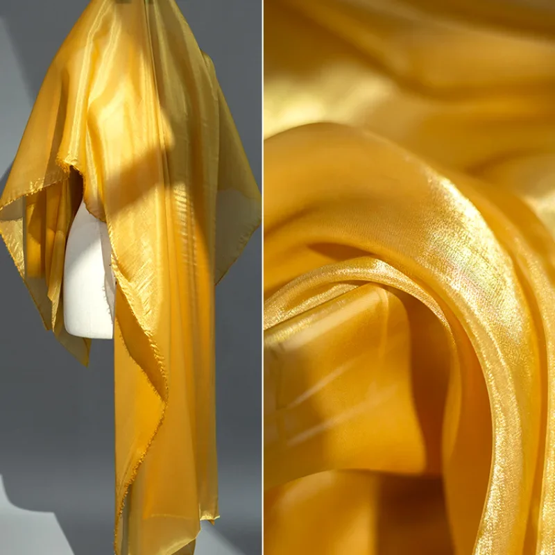 

Golden Crystal Glossy Feeling Organza Encrypted Smooth Thin Mesh Fabric Dress Designer Fabric