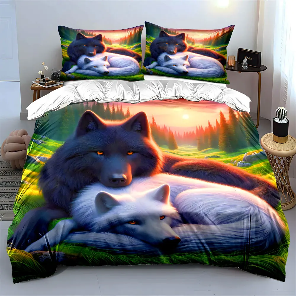 Black and white wolves cuddling at sunrise Print Soft Comfortable Duvet Cover Bedding Set Included 1*Duvet Cover 2*Pillowcases