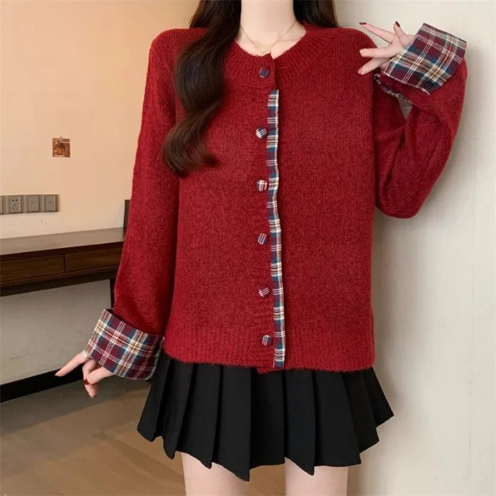 

Корейский клетчатый свитер с круглым вырезом для женщин, осень-зима 2025 года, новый свободный повседневный вязаный кардиган, верхний свитер