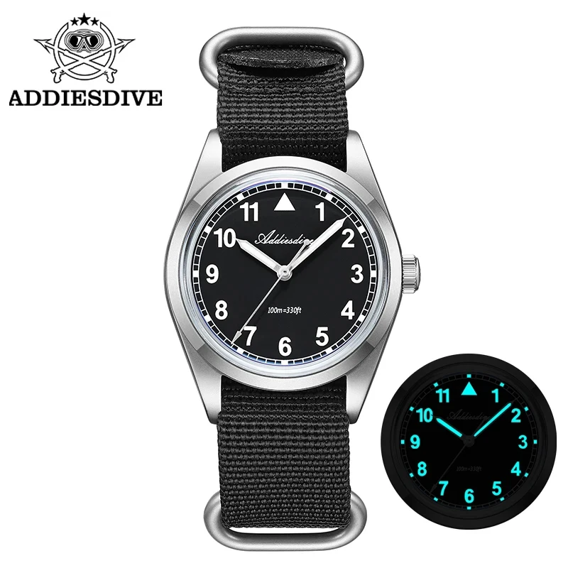 ADDIESDIVE Quartz Watches VH31 Movement Nylon Strap 36mm 100M Waterproof Reloj Hombre 316L Steel Luminous Watch For Men's