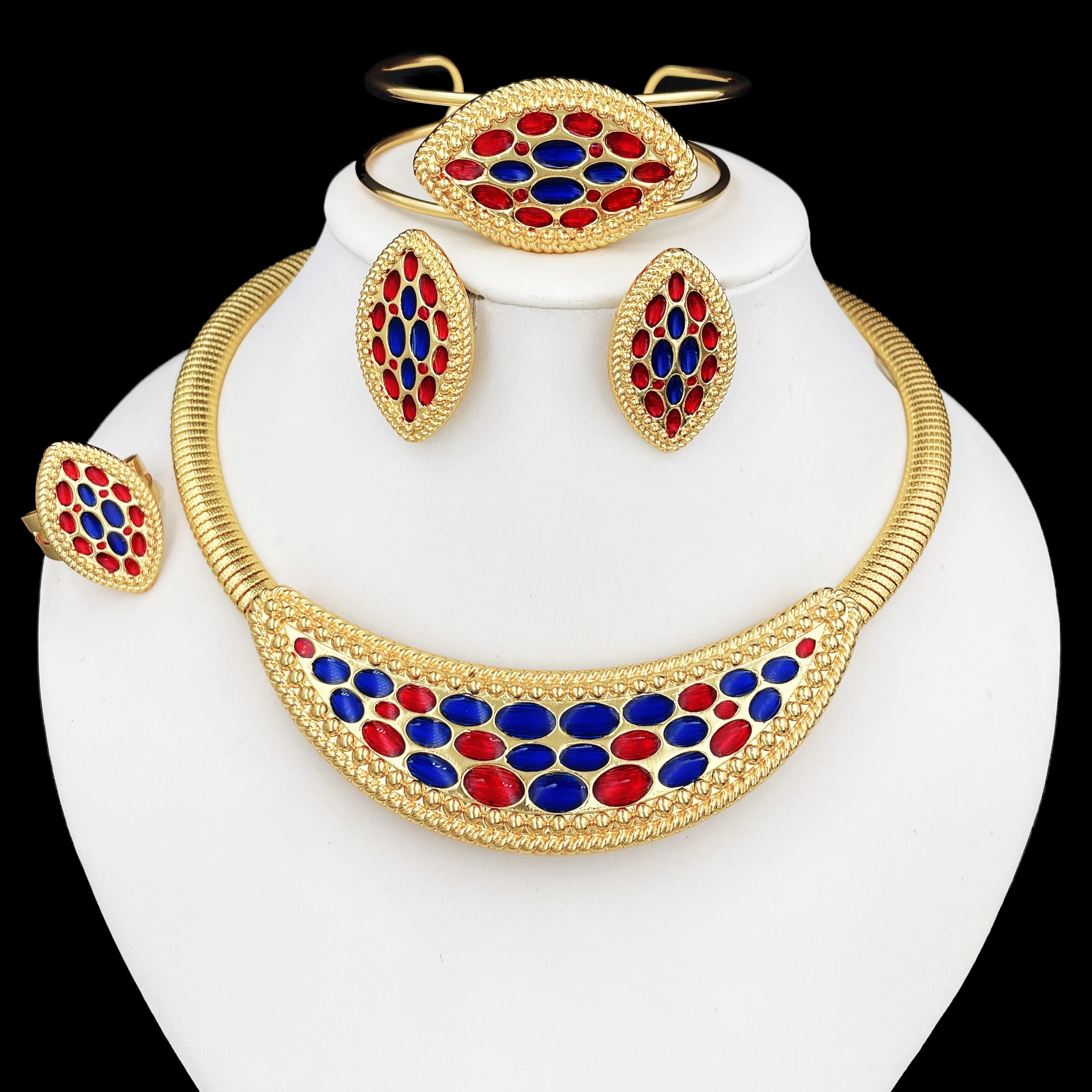 

Italy 18K Gold Plated Women Jewelry Set Unique Design Colorful Necklace Earrings Bangle Ring 4PCS Set Jewelry Wedding Party Gift