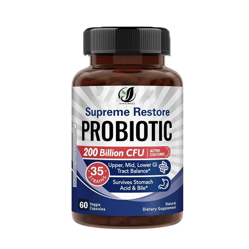 

Male and female probiotics, 200 billion colony units, 35 strains, prebiotics+digestive enzymes, 60 vegetarian capsules