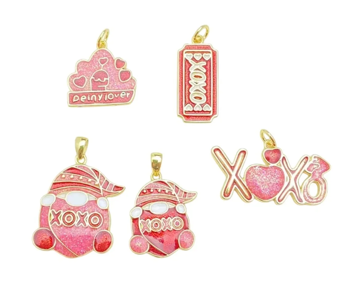 

4 Pieces Copper Plated Enamel Pendant for Diy Necklace Jewelry Making Accessories Heart XOXO Santa Claus Envelope Balloon Charm