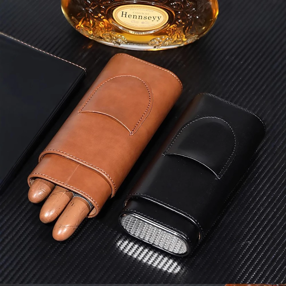 

Three-Finger PU Leather Cigar Case Portable Humidor Holder Box fit Silver Cigar Cutter Smoking Accessories for Business Gift