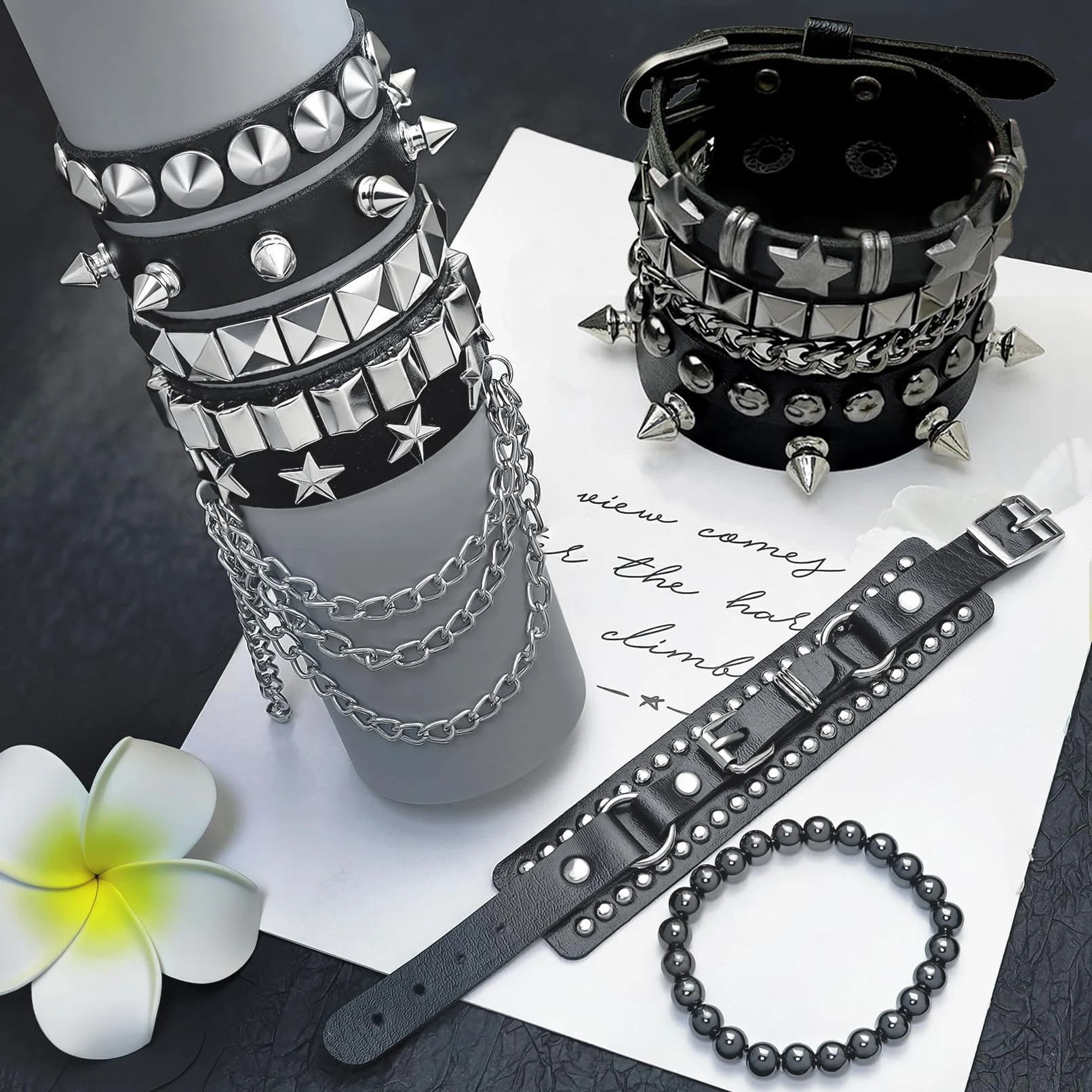 Layered Star Goth Necklace & Emo Studded Bracelets Set, Unisex