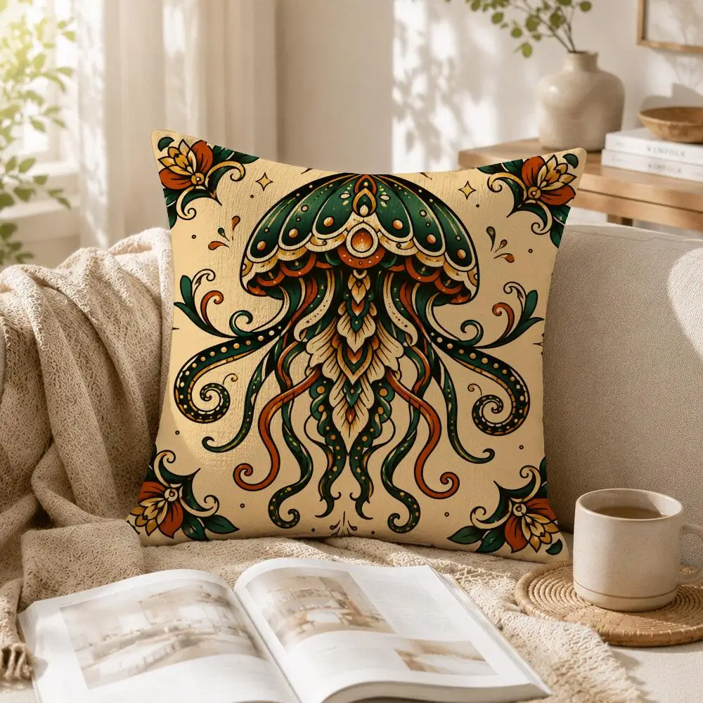 Oceanic Myth Tattoo Cushion Cover Linen Pillow Cover 40x40cm Decorative Cushion Case Boho Home Sofa Decor Gift