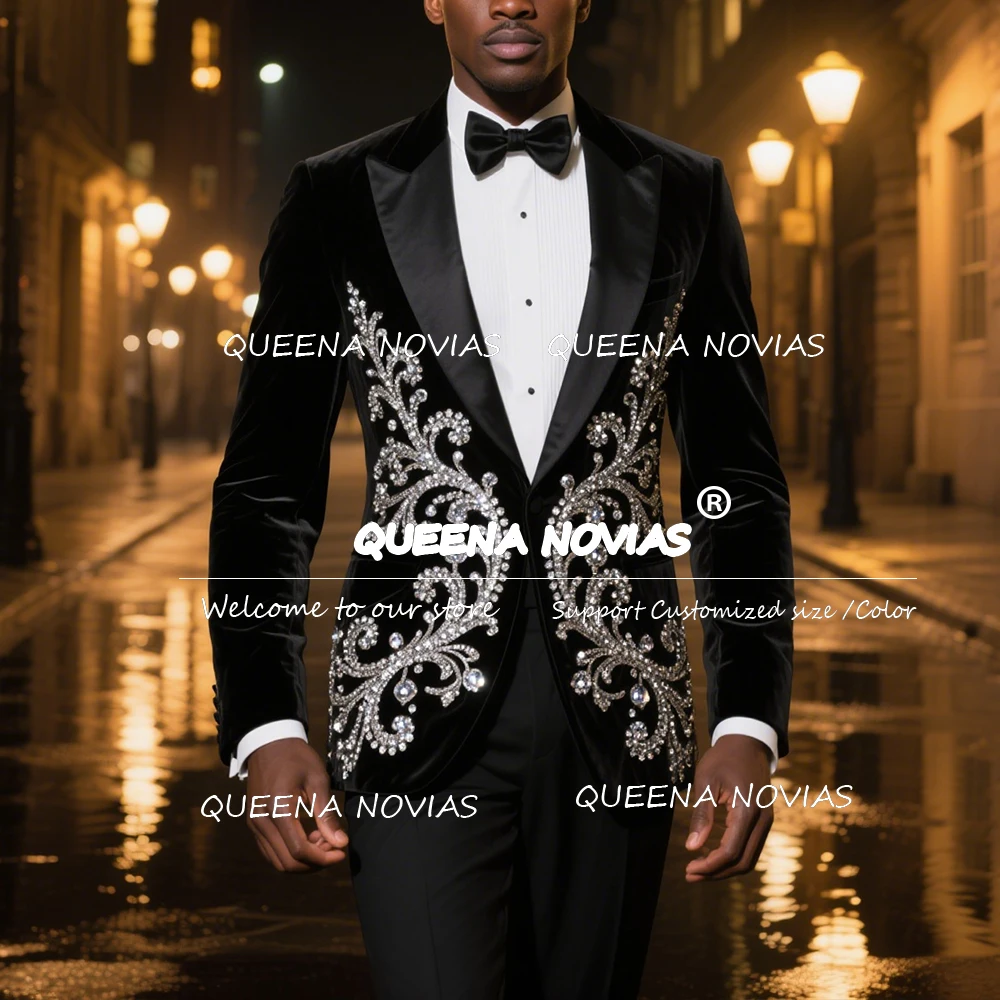 

Luxury Beaded Stones Suit Men For Wedding Customized Peaked Lapel Groom Blazers Outfits Slim Fit Wedding Tuxedos costumes hommes