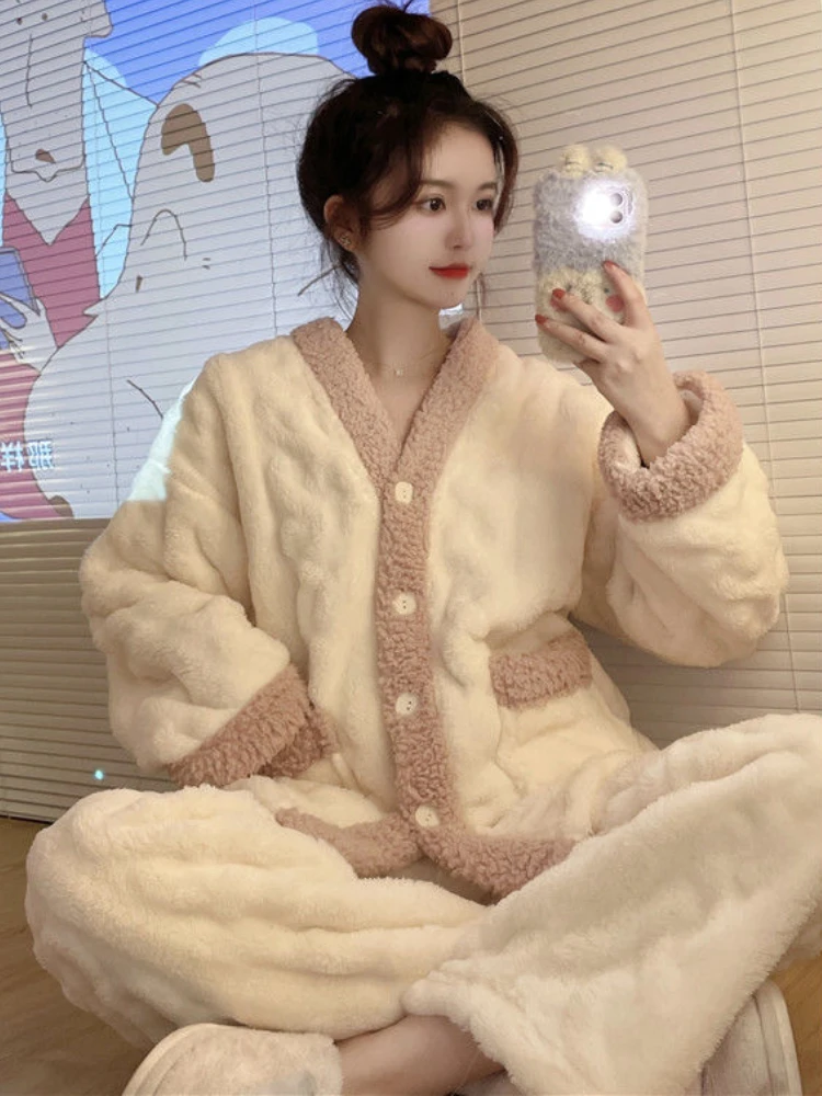 

Pajama Sets Women New Winter Warm Thicken Sweet Girls Sleepwear Korean Style Leisure Loose Comfortable Trendy Long Sleeve Home