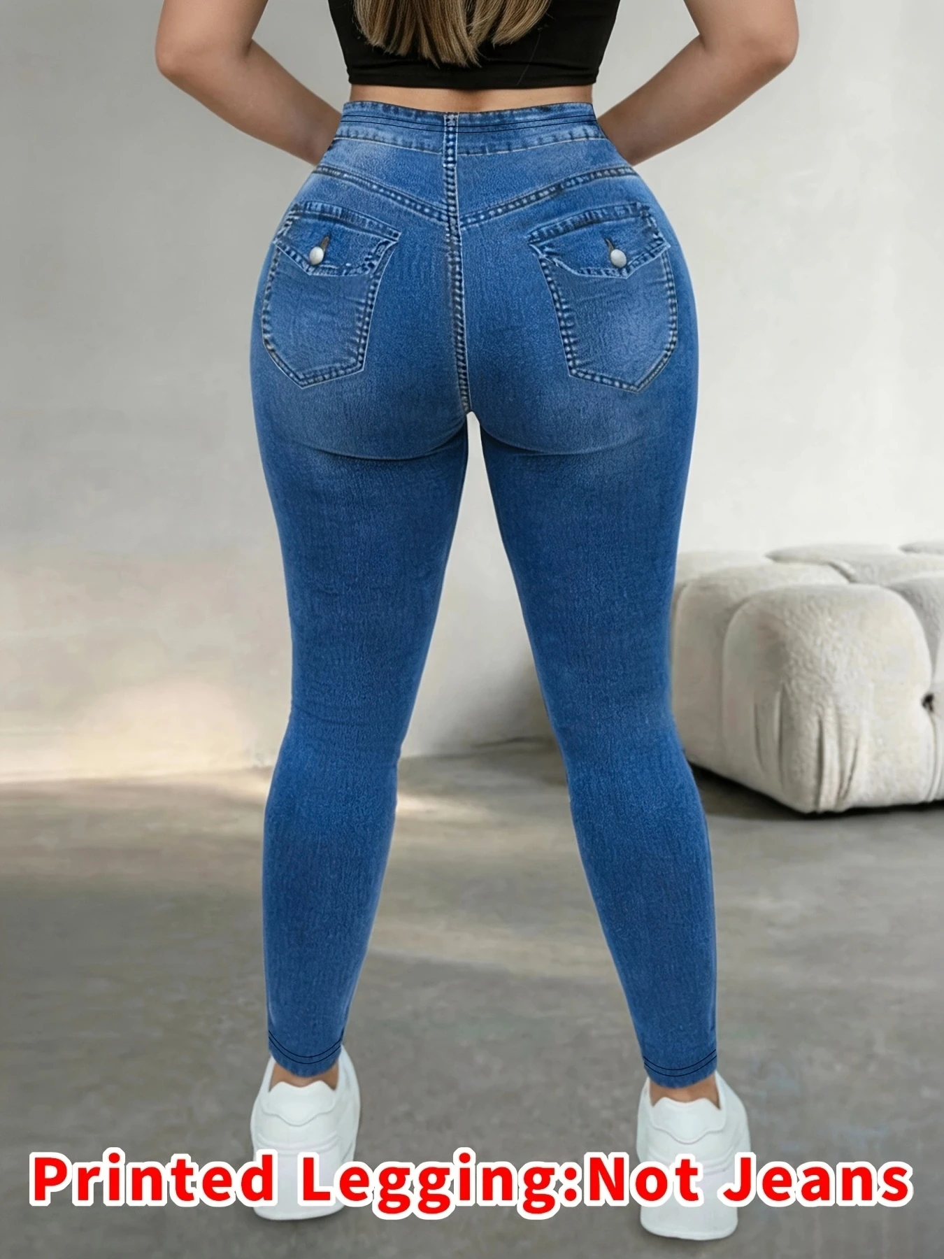 Damen-Leggings mit mehreren Taschen, hoher Taille und Kunst-Denim-Print, superelastische, nicht aus Denim gefertigte, figurbetonende, po-liftende Workout-Yogahose – Detail 3