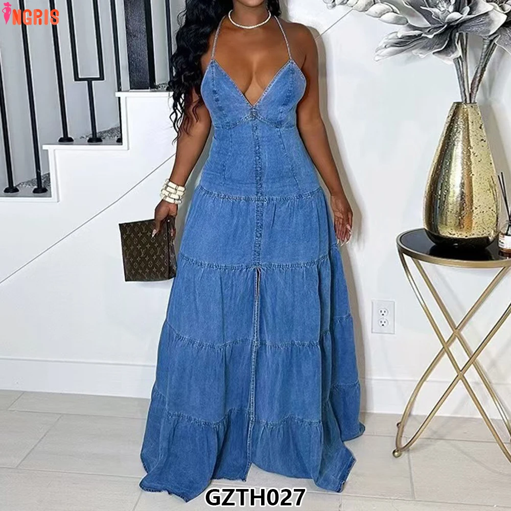 

2025 Summer New Fashionable V-neck Sexy Sleeveless Casual Button Denim Women's Dress-GZTH027