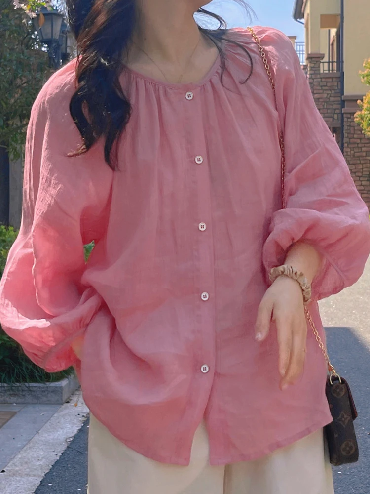 Sweet Sle Coreano rotondo Ne Long Sve Donna irt Trendy Riduzione dell'età Primavera Autunno Casual Pendolarismo Taglio dritto Top in seta