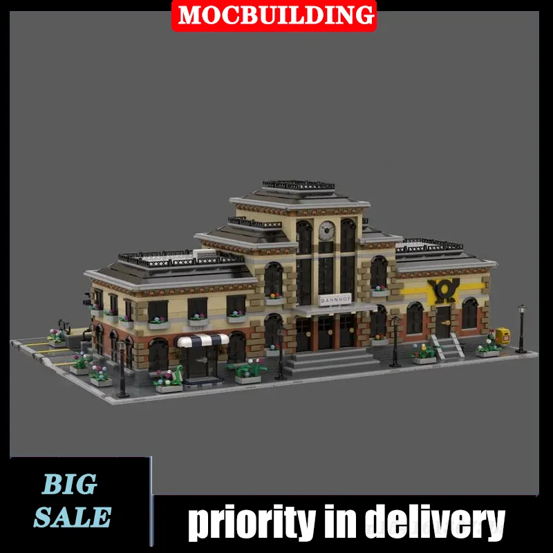 MOC City Modern Railway Station Model Set Assembly Building Block Train Collection Series Toy Gift